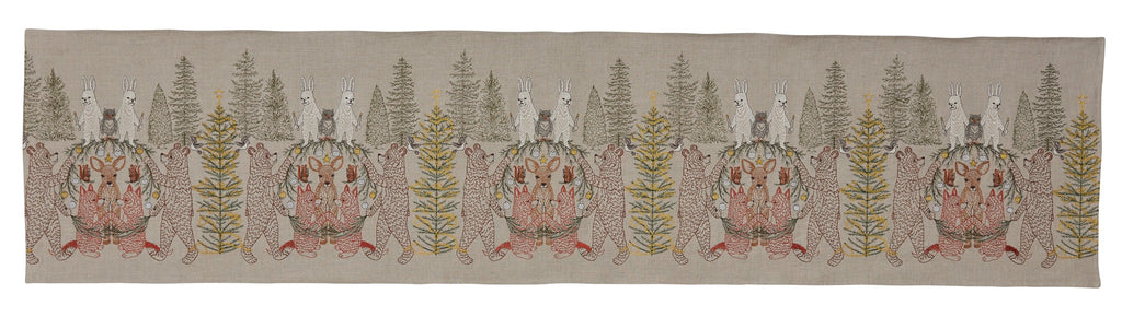 Coral & Tusk Togetherness Table Runner with rabbit, owl, bear, deer, Squirrel and fox