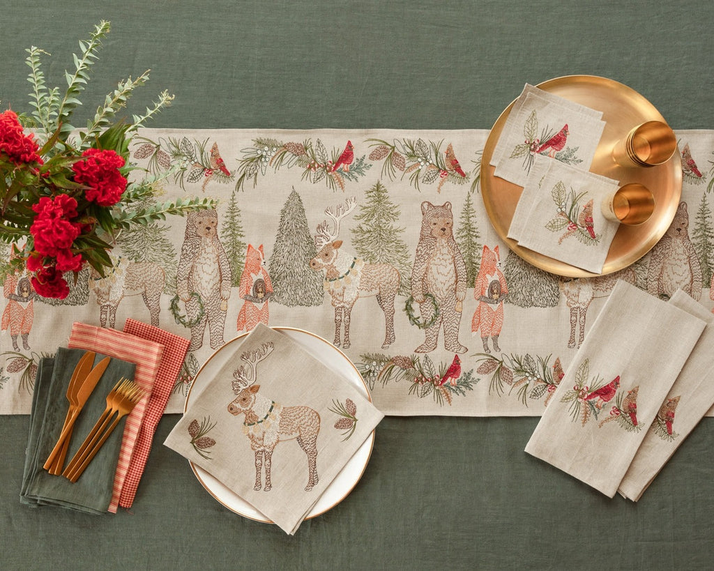 Coral & Tusk Christmas Cardinals Tea Towel embroidered in red, green, and fawn threads