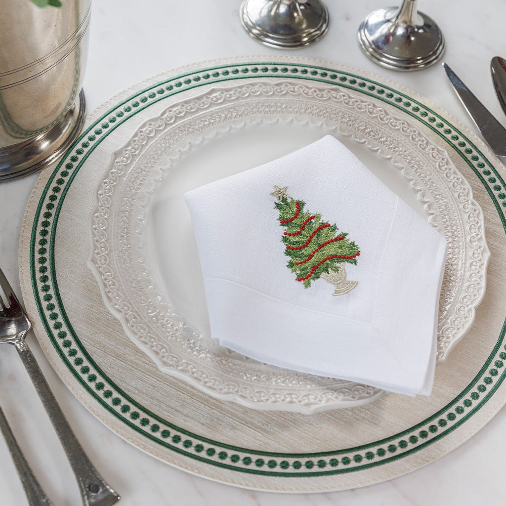 Arte Italica Crown Linens Tree with Trim Large Linen Napkin in white linen with green christmas tree and red garland