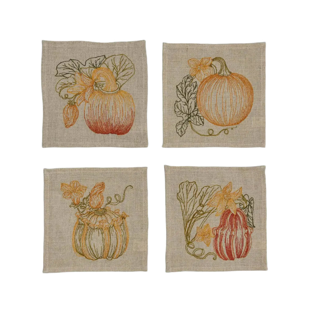 Jazz up your fall gatherings with Coral & Tusk's Pumpkin Patch Cocktail Napkin Set! These linen napkins feature beautifully embroidered gourds in vibrant colors. Made from 100% un-dyed, unbleached flax fiber linen, these napkins are also ethically sourced and vegan-friendly. Cheers to a sustainable and stylish party!