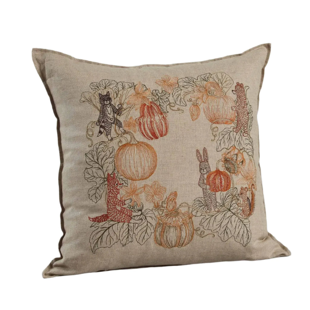 Get into the fall spirit with Coral & Tusk's Pumpkin Patch Pillow! Hand-stitched with naturalistic embroideries of pumpkins, gourds, and squash blossoms, this 20x20 inch pillow brings the warmth of fall sunshine. Cozy up with your favorite bear, bunny, chipmunk, fox, or raccoon as they pick out their own pumpkins.