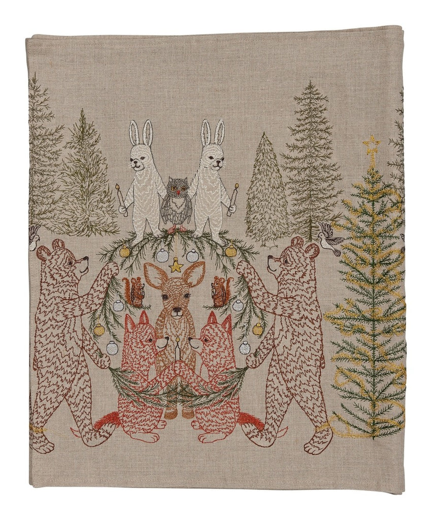 Coral & Tusk Togetherness Table Runner with rabbit, owl, bear, deer, Squirrel and fox