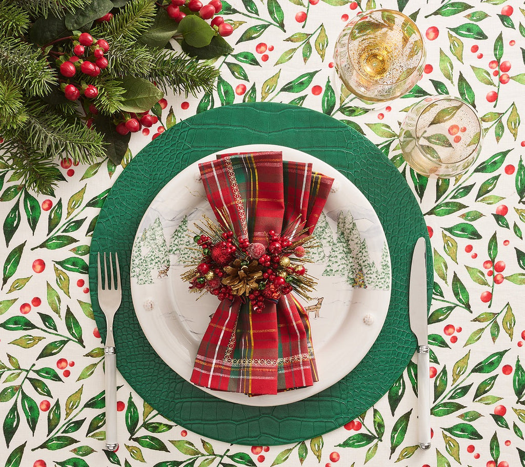 Elevate your holiday feasts with the Holiday Threads Napkin from Kim Seybert. Adorned with a classic red tartan and intricate gold embroidery, this woven plaid napkin exudes Christmas charm. Enhance your table setting with a touch of yuletide magic, perfect for both casual lunches and formal dinner parties.