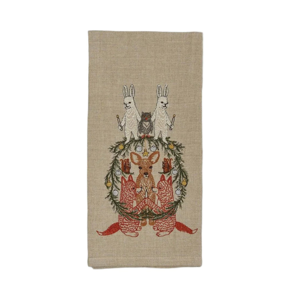 Coral & Tusk Togetherness Tea Towel embroidered with rabbits, owl, squirrel, deer, and fox