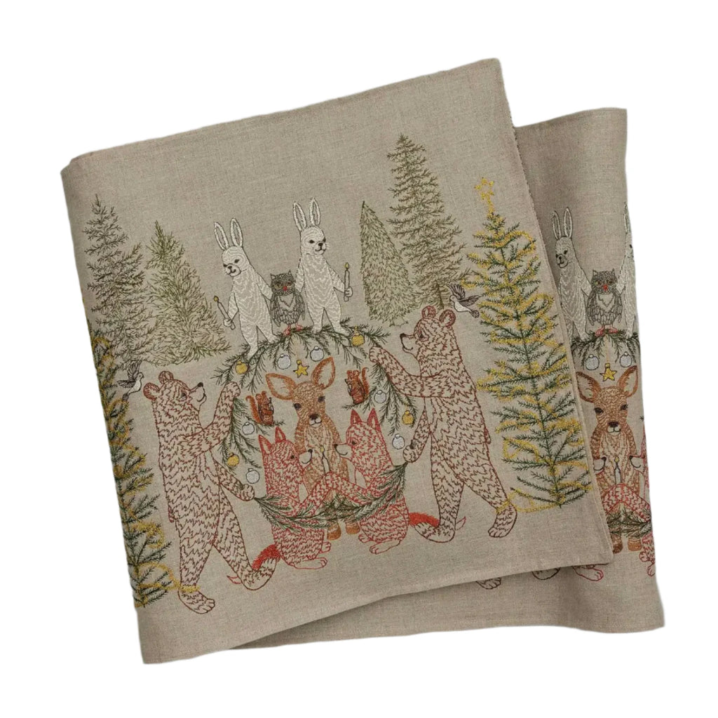 Coral & Tusk Togetherness Table Runner with rabbit, owl, bear, deer, Squirrel and fox