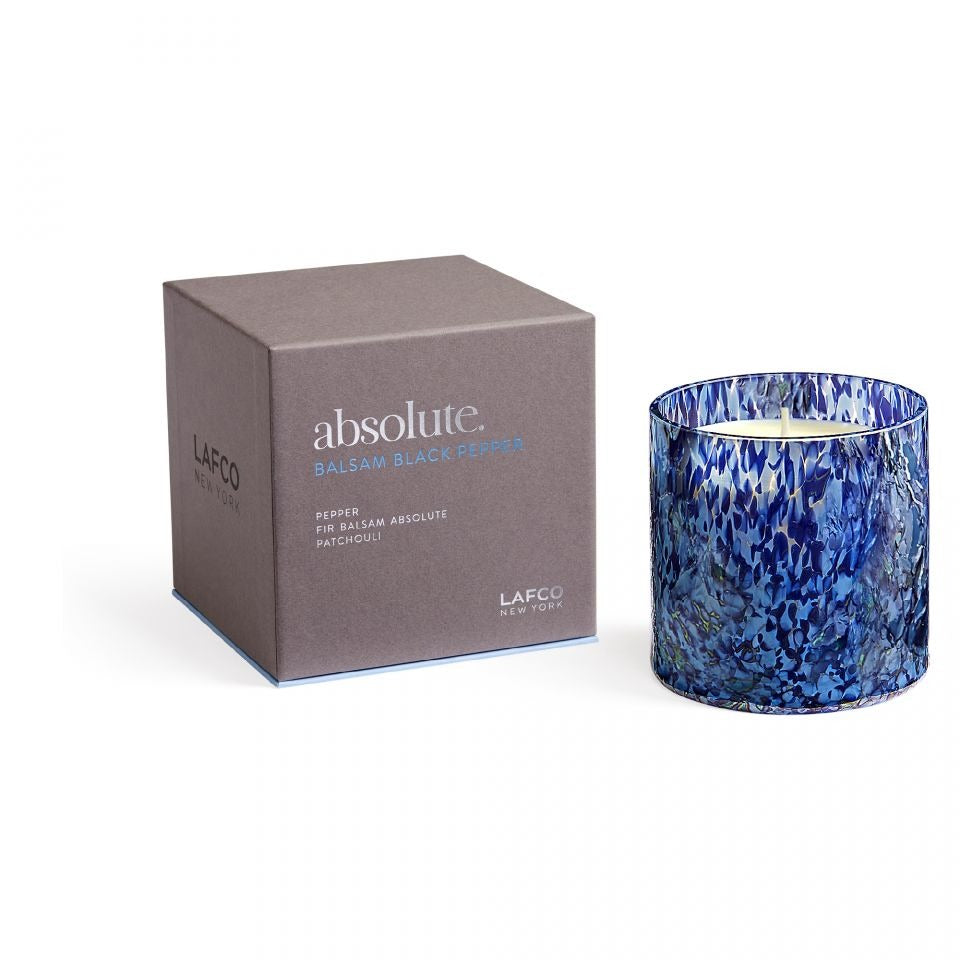 Lafco Balsam Black Pepper Absolute Candle in blue handblown reusable glass vessel