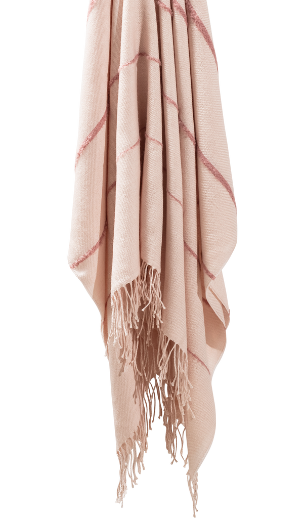 Introducing the Amelia Stripe Throw in Slipper pink from Matouk. Wrap yourself in luxury with our lightweight and incredibly soft throw. Its basketweave pattern and fringe detailing exude elegance and sophistication. Made with 100% Baby Alpaca, it's the perfect travel companion for a cozy layer of warmth. Ethically made in Peru.