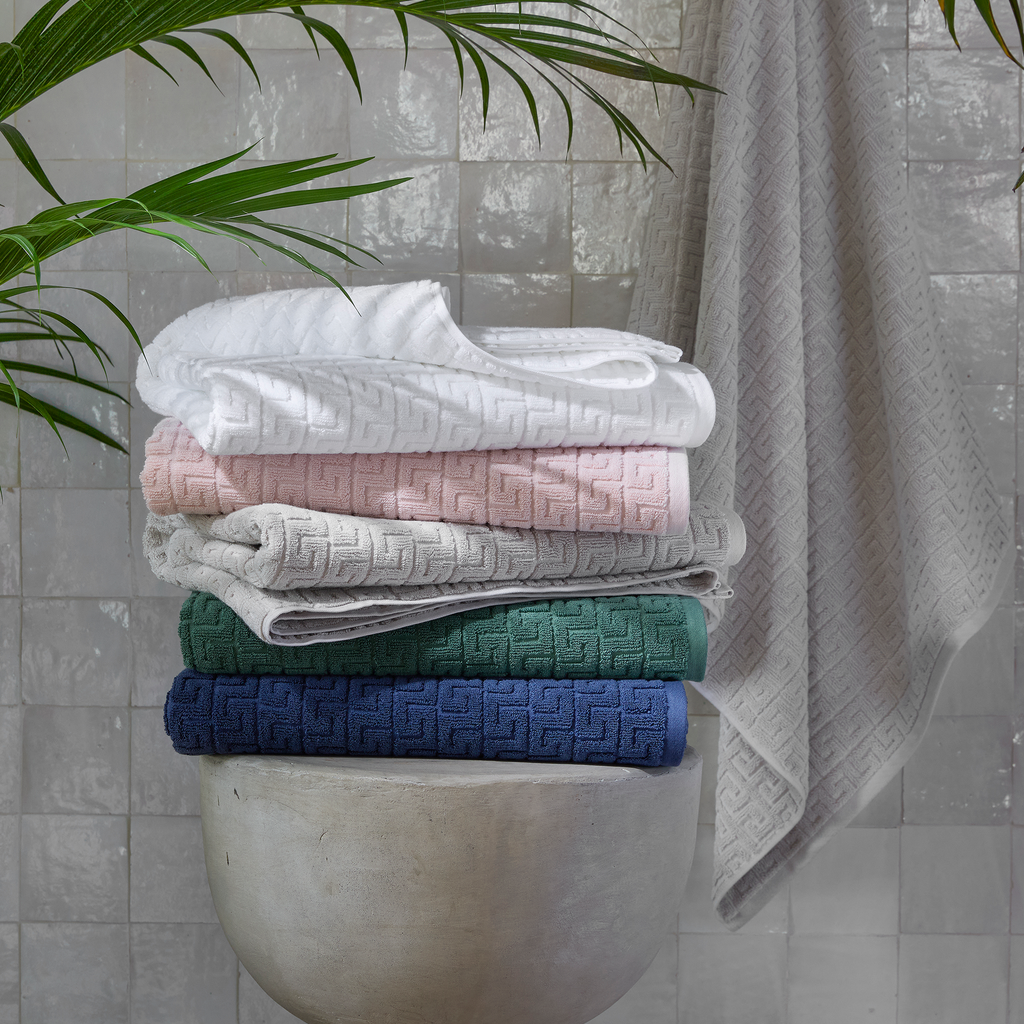 egant and absorbent. A timeless Greek key pattern is featured on the sculpted Athena Bath Towels and Tub Mat from Matouk. Inspired by a Schumacher fabric, these towels are available in beautiful saturated colors that add classic elegance to the bathroom.