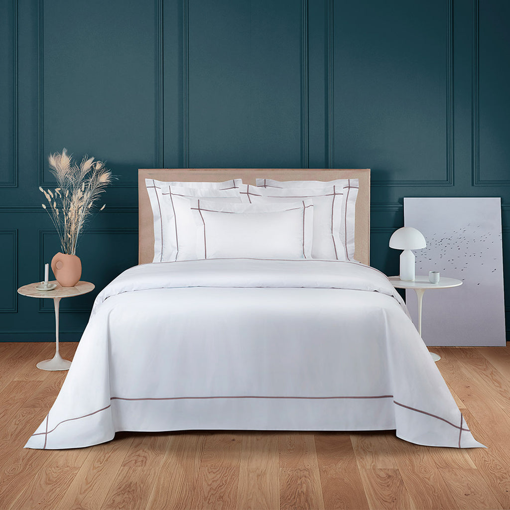 Yves Delorme Athena Athena Sheets, Duvet Covers + Shams in White Organic Cotton sheeting with Iris purple embroidery