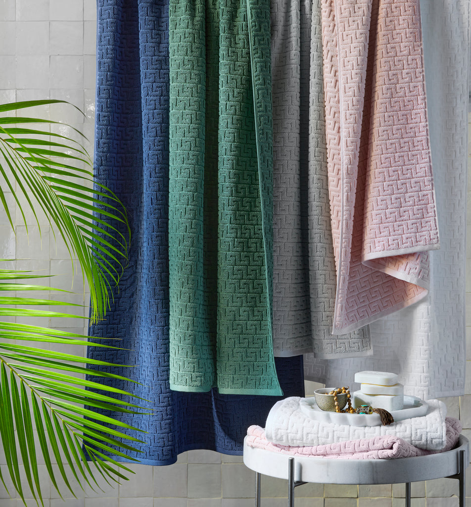 egant and absorbent. A timeless Greek key pattern is featured on the sculpted Athena Bath Towels and Tub Mat from Matouk. Inspired by a Schumacher fabric, these towels are available in beautiful saturated colors that add classic elegance to the bathroom.