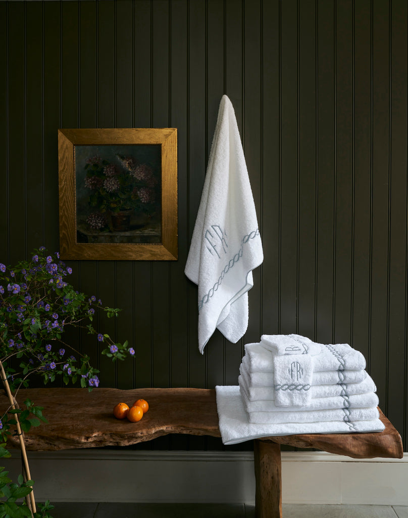 Matouk Classic Chain Bath Towels + Tub Mats in Silver Embroidery