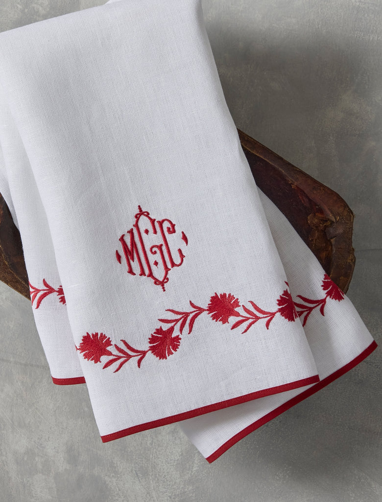 Matouk Daphne Guest Towels in White Linen with Red floral embroidery and personalized monogram