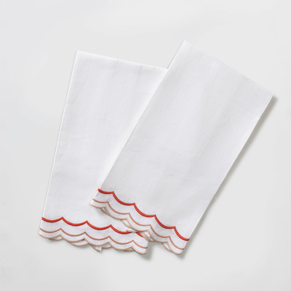 Matouk India Three Guest Towels with three rows of apricot thread embroidery on white linen