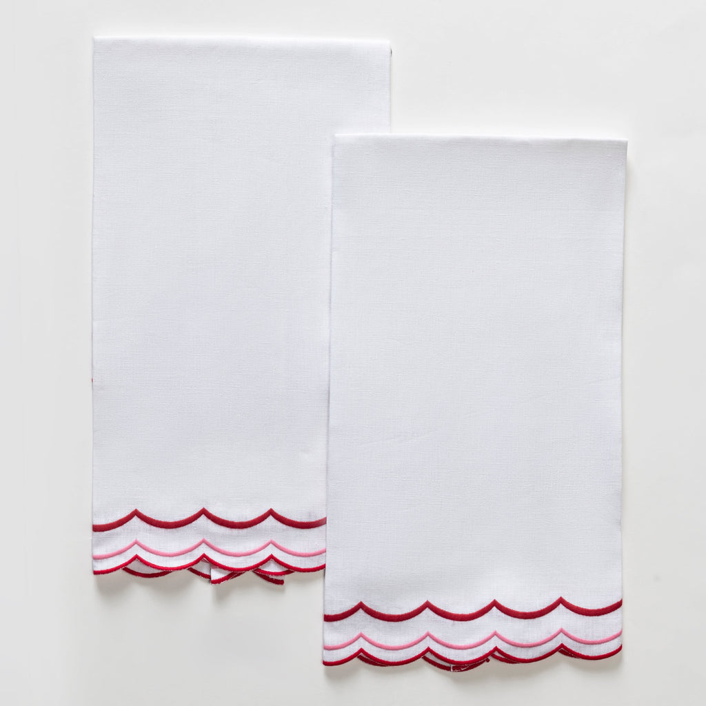 Matouk India Three Guest Towels with three rows of cherry red thread embroidery on white linen