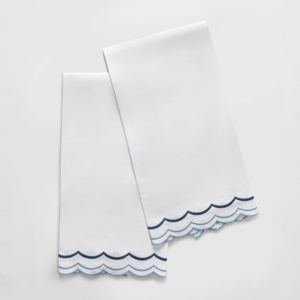 Matouk India Three Guest Towels with three rows of hazy blue thread embroidery on white linen