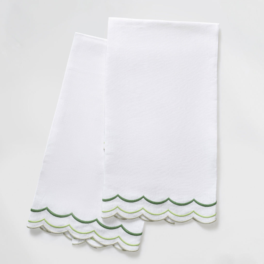 Matouk India Three Guest Towels with three rows of palm green thread embroidery on white linen