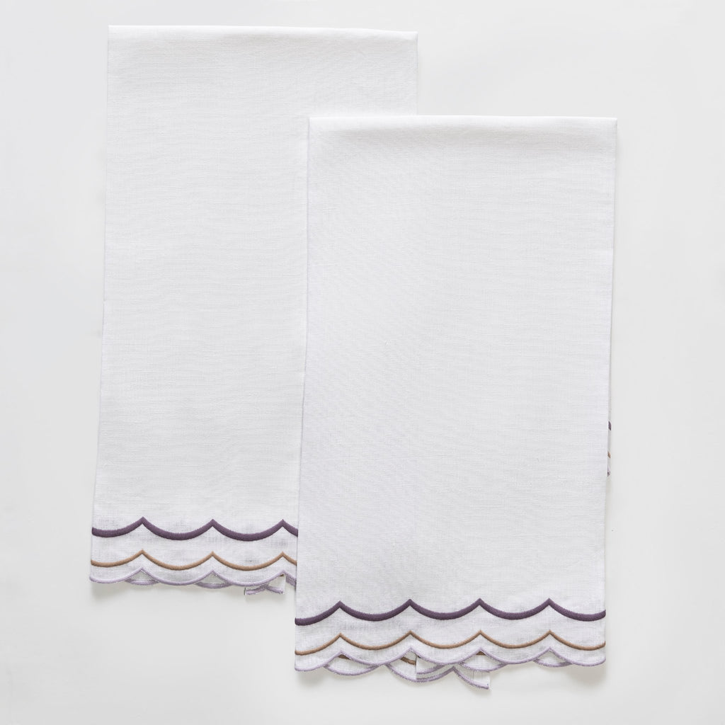 Matouk India Three Guest Towels with three rows of thistle purple and brown thread embroidery on white linen