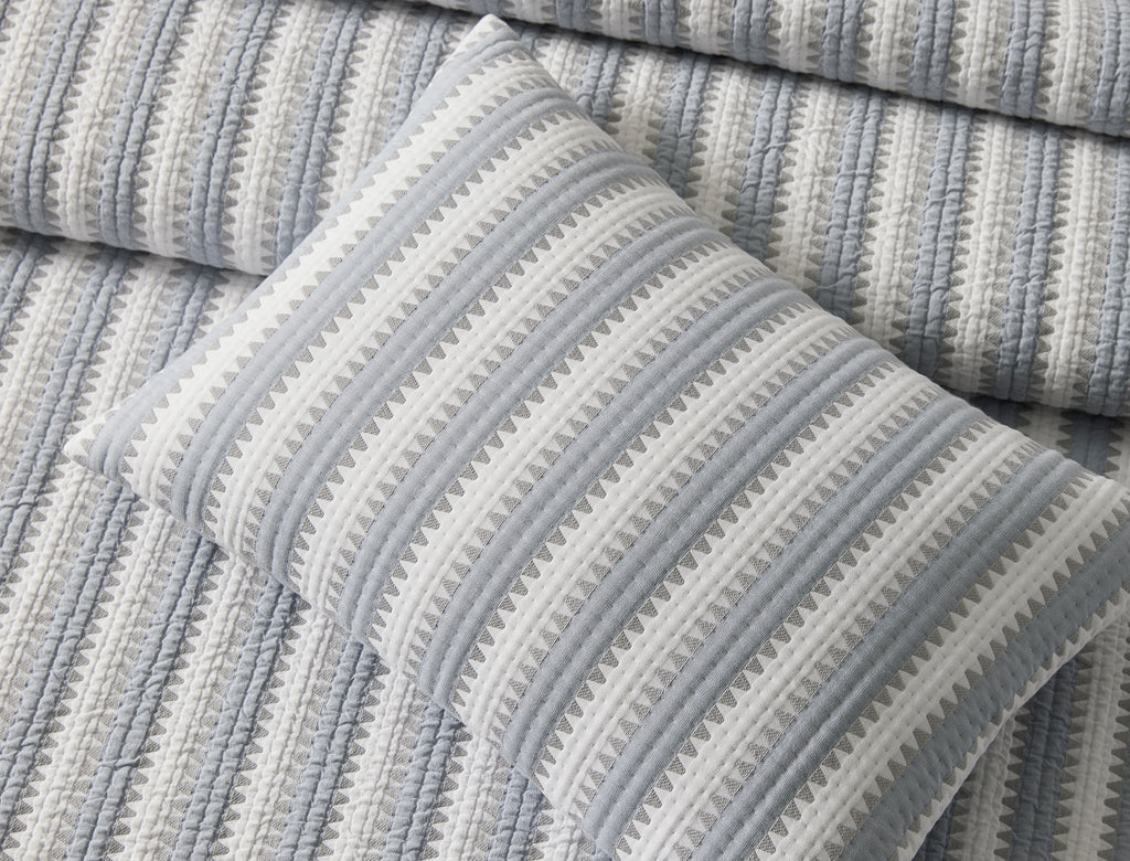 Expertly crafted in the USA with luxurious Italian fabric, Matouk's Apollo Stripe Matelassé coverlet and shams offer a comfortable and casual addition to your bedding. The 100% cotton shell and poly fill provide a minimal yet textural layer in a choice of Comet taupe or Dove blue & grey hues.