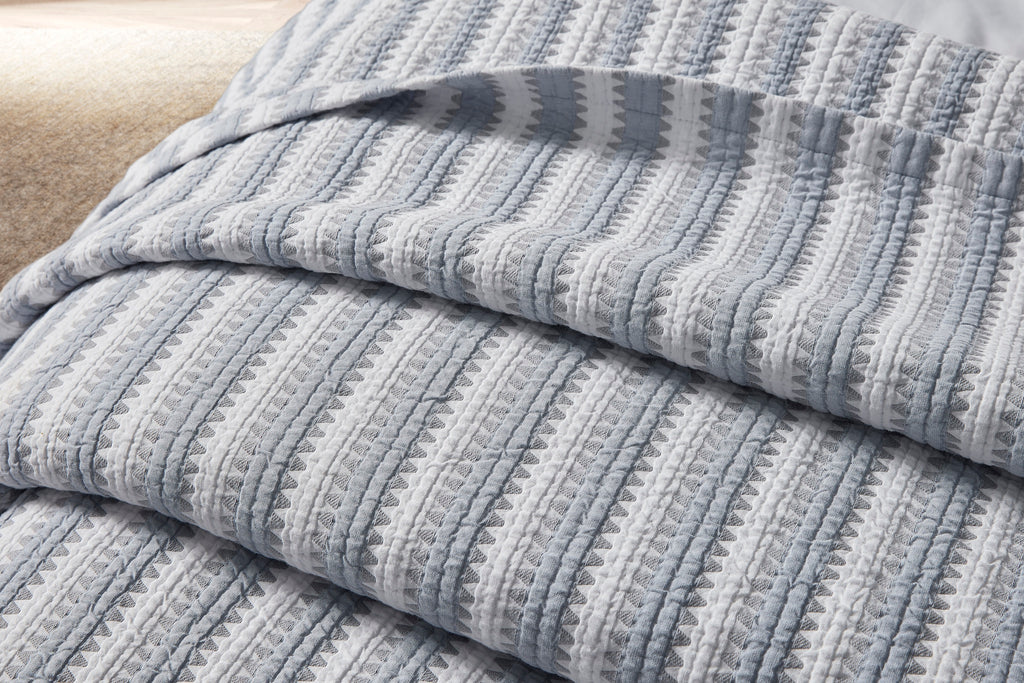 Expertly crafted in the USA with luxurious Italian fabric, Matouk's Apollo Stripe Matelassé coverlet and shams offer a comfortable and casual addition to your bedding. The 100% cotton shell and poly fill provide a minimal yet textural layer in a choice of Comet taupe or Dove blue & grey hues.