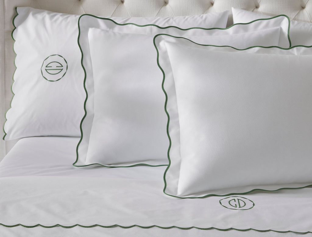 Matouk Camilla White Pique Shams with scallop edge and with Green embroidered Monogram