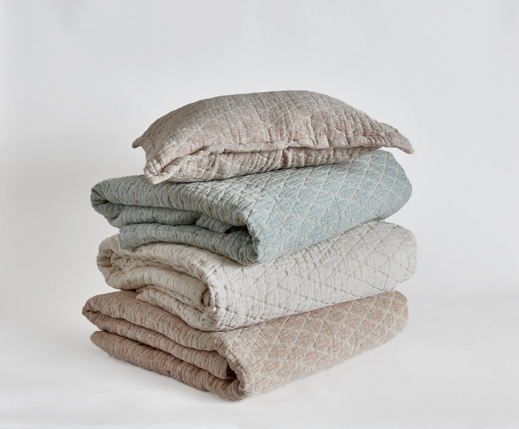 TL a Home Boyce Stonewashed Cotton Linen Coverlet + Shams in Terra Linen, Sky Blue, and Ivory