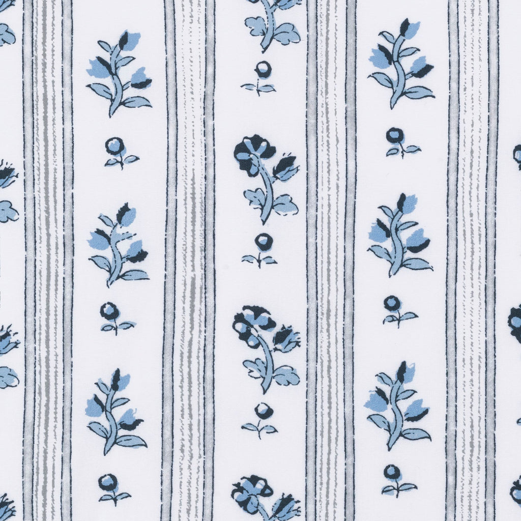 Matouk Cabanon Stripe Provincil fabric swatch in blue and grey tones with French floral print and stripe pattern