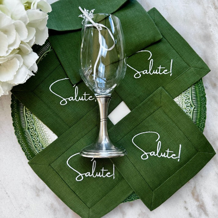 Crown Linen Designs Salute! Cocktail Napkin Set in Winter Green with White Embroidery