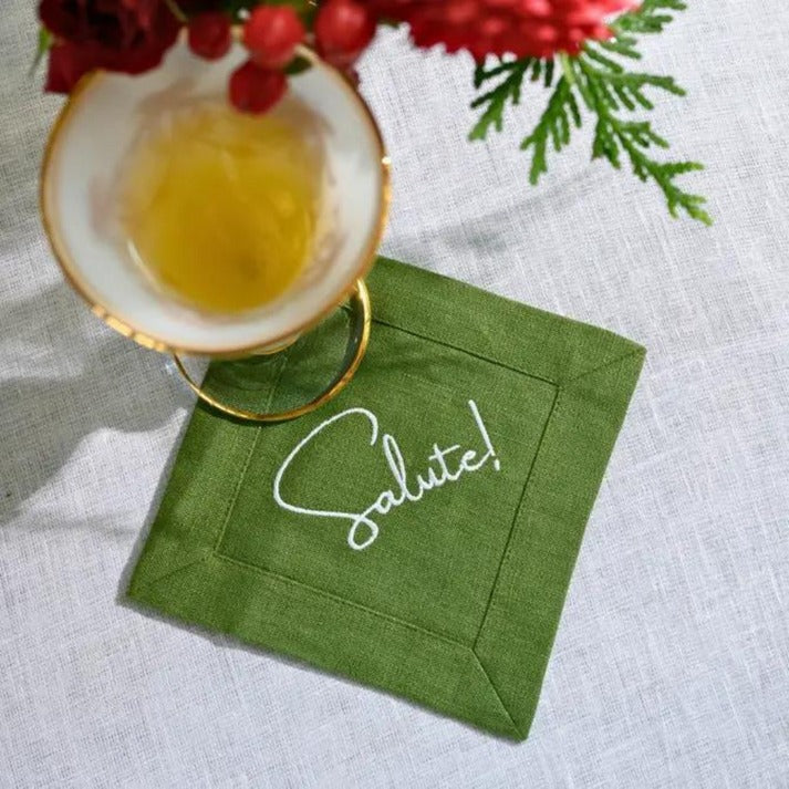 Crown Linen Designs Salute! Cocktail Napkin Set in Winter Green with White Embroidery