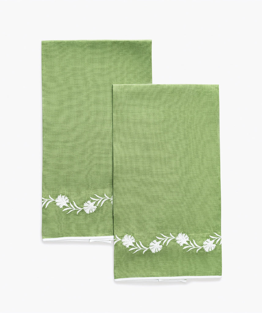 Matouk Daphne Guest Towels in Grass green linen with white floral embroidery