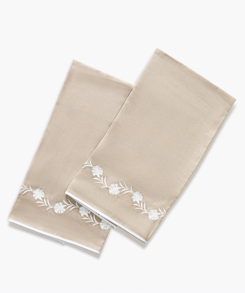 Matouk Daphne Guest Towels in Oat beige linen with white floral embroidery