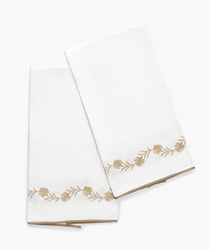 Matouk Daphne Guest Towels in white linen with linen colored floral embroidery