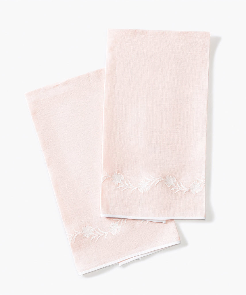 Matouk Daphne Guest Towels in Light Pink linen with white floral embroidery