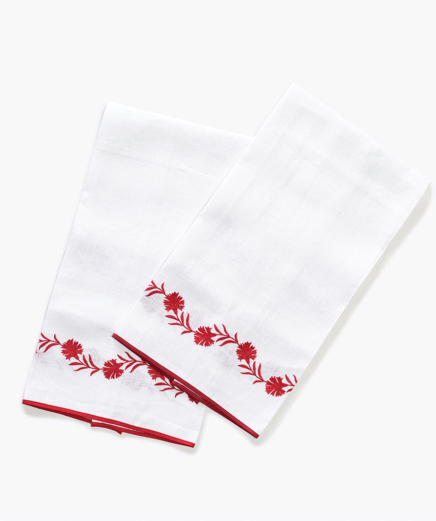 Matouk Daphne Guest Towels in white linen with red floral embroidery