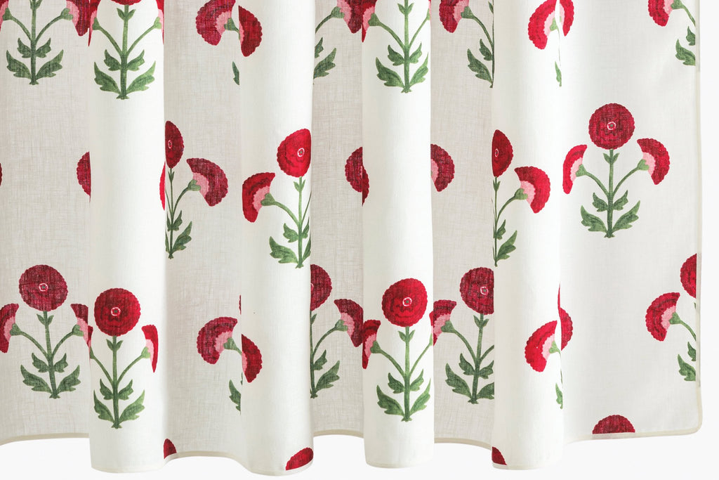 Matouk Schumacher Gisele Linen Shower Curtain in Scarlet red floral block print on white linen background