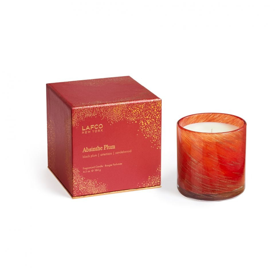 Lafco Absinthe Plum Holiday Candle in red blown glass reusable vessel with gold accent