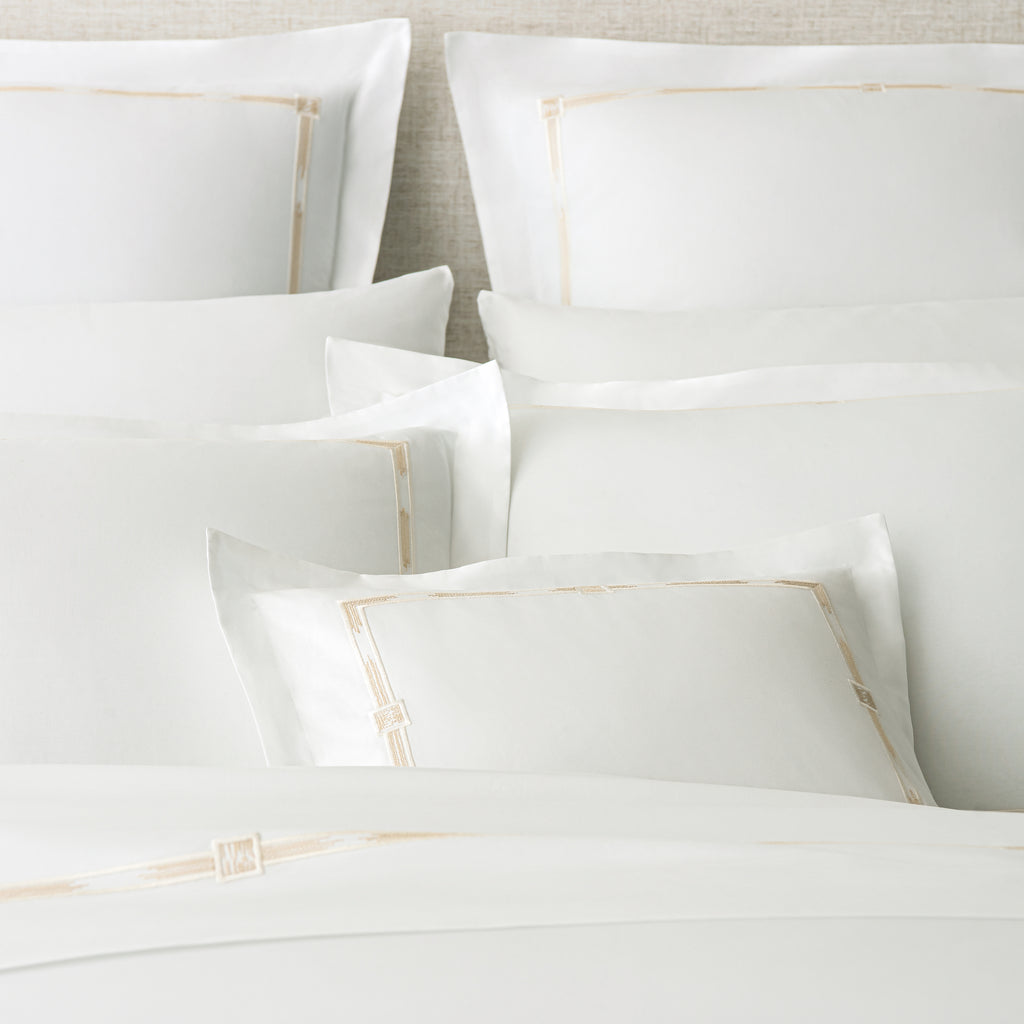 Scandia Home Lisetta Sheets, Duvet Covers + Shams White with champagne gold embroidery