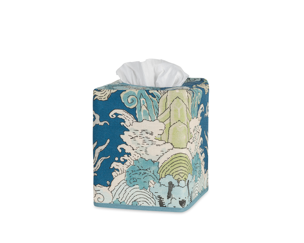 Matouk Schumacher Magic Mountain Tissue Box Cover in Aquarius with an aqua linen background and and green and aqua blue mystical patterns