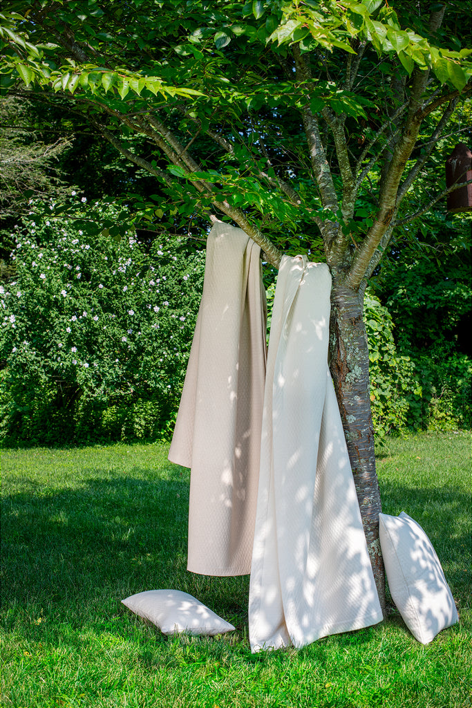 Scandia Home Ravello Cashmere Blend Coverlet + Shams in Pearl Ivory, Linen beige, and cove grey