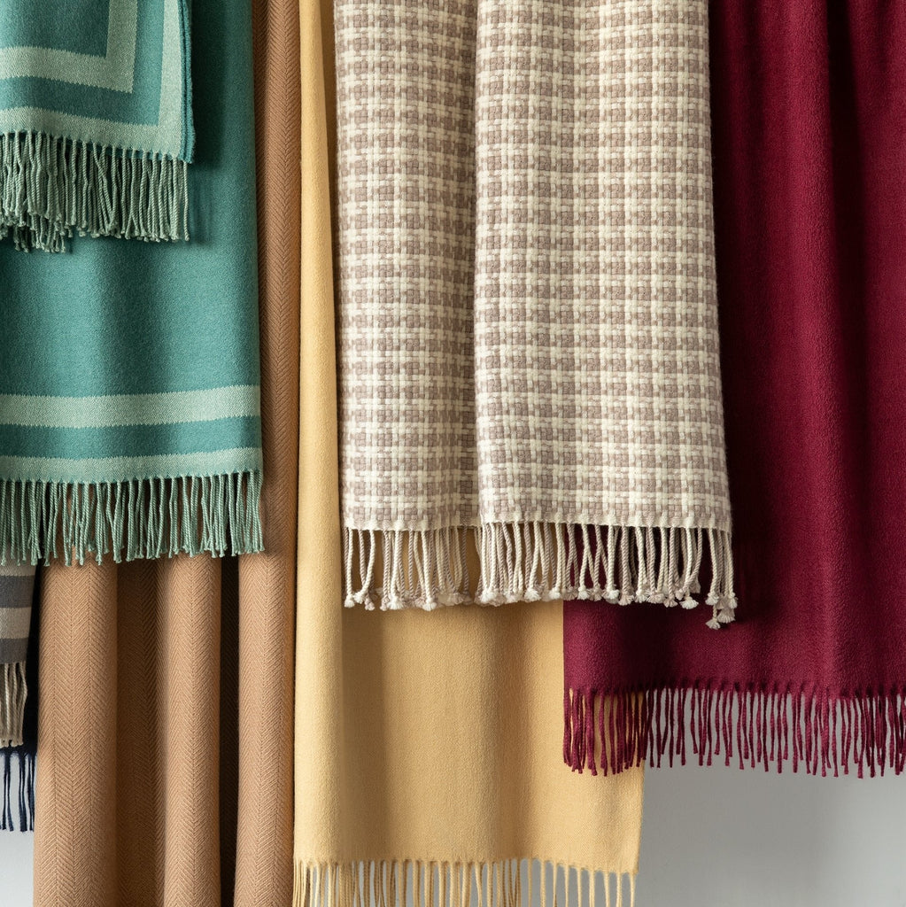 Carlotta Cashmere Throw in Claret Red, and Ochre Yellow. Shown with Torcello Throw in taupe houndstooth, Savona camel hair throw blanket, and Carlyle Throw in Jade green and slate grey