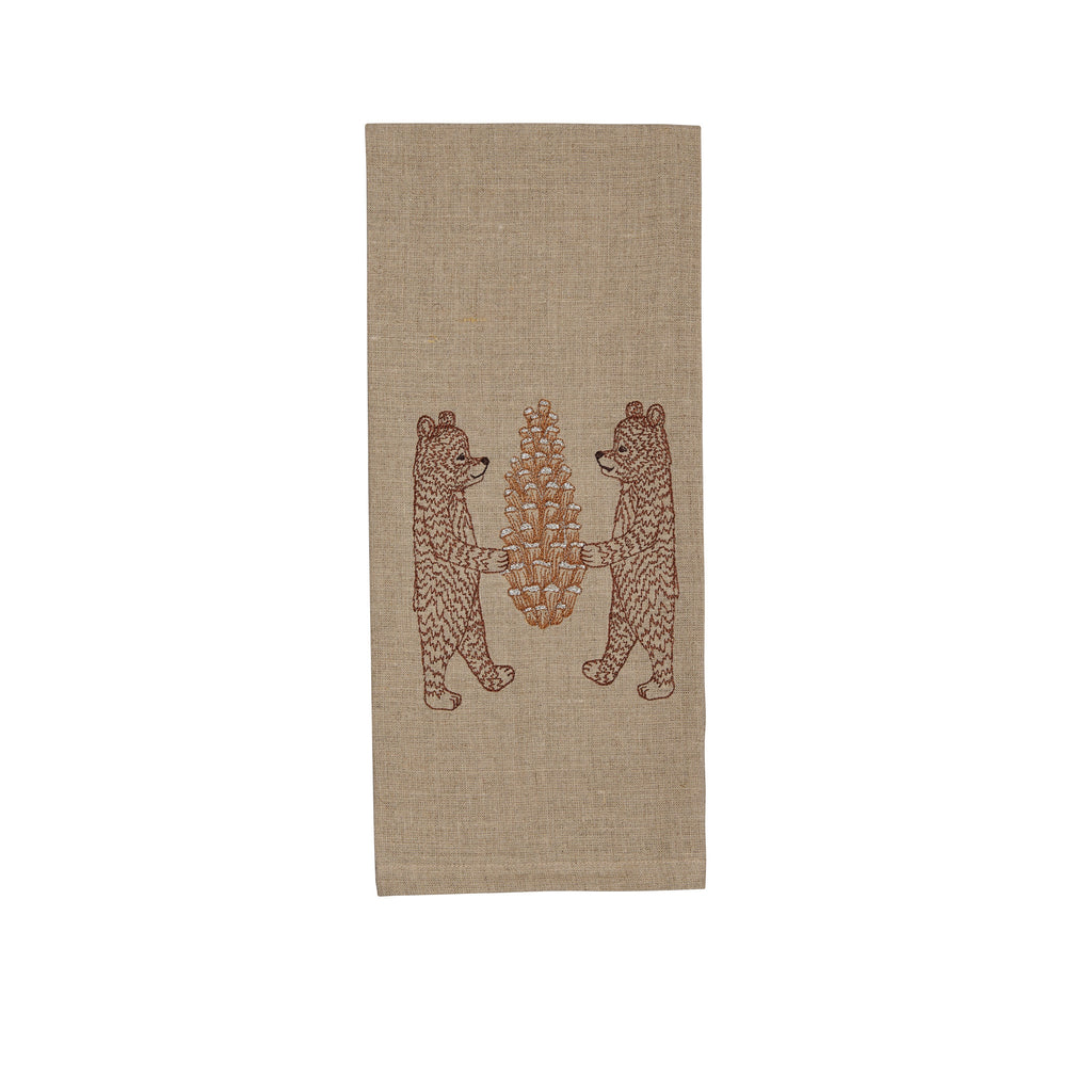 Discover the beauty of the forest with the Bears with Pinecone Tea Towel. Made from 100% linen, this tea towel features intricately embroidered bears and a shimmering silver pinecone. Bring a touch of nature into your home with this charming and high-quality tea towel from Coral & Tusk.