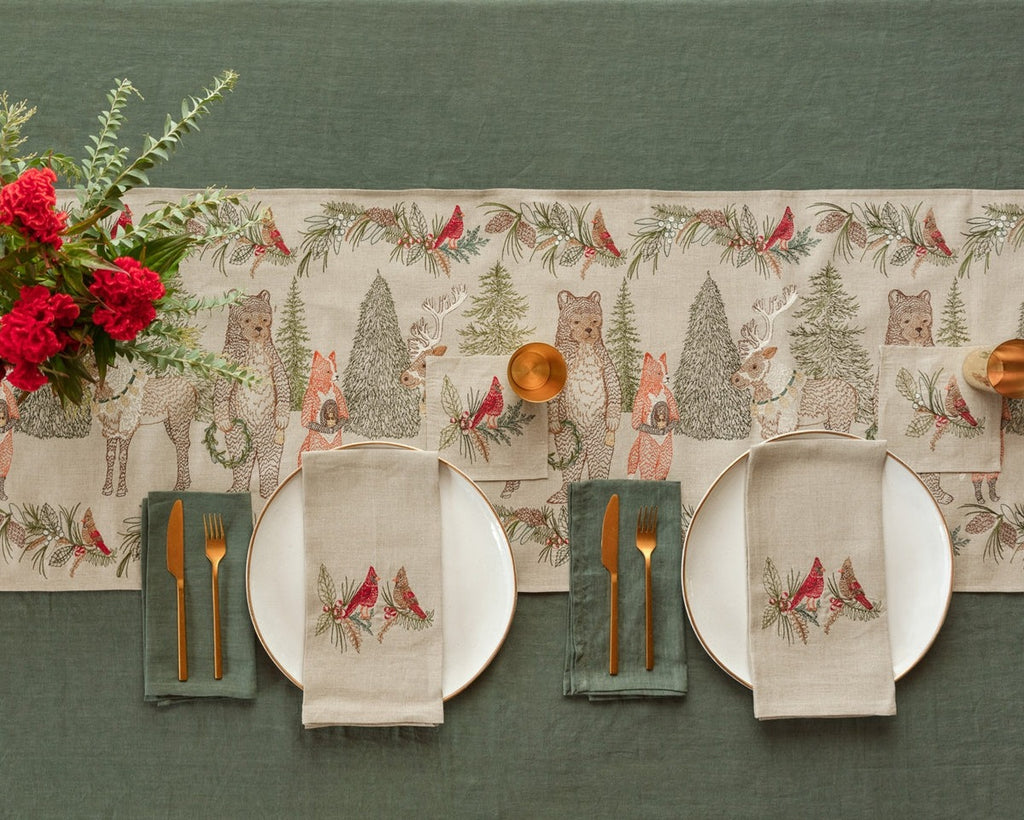 Coral & Tusk Christmas Cardinals Tea Towel embroidered in red, green, and fawn threads