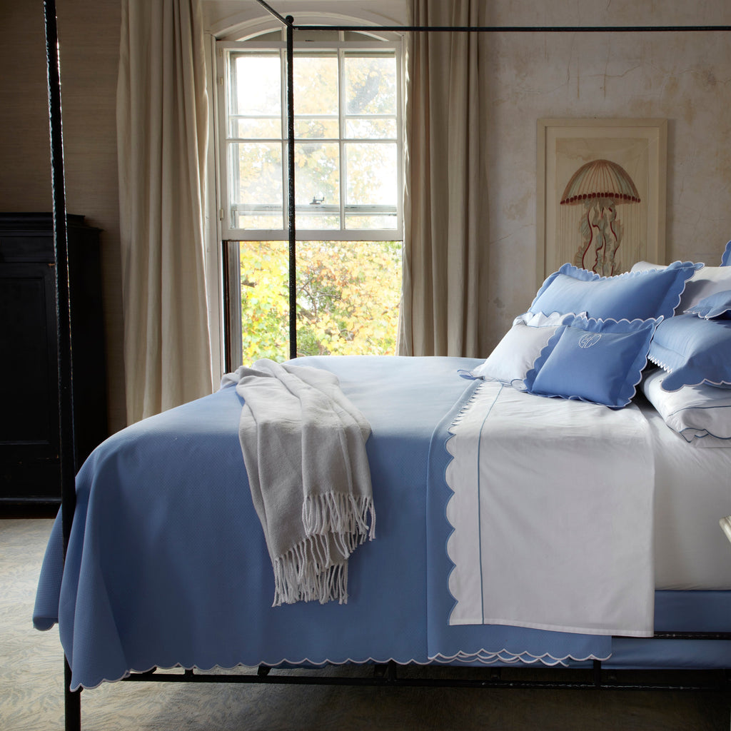 Matouk Diamond Pique Duvet Cover, Coverlet, Shams, Bed Skirt in Azure blue