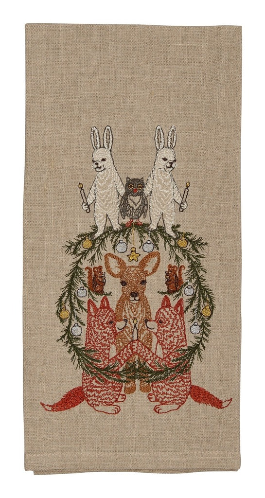 Coral & Tusk Togetherness Tea Towel embroidered with rabbits, owl, squirrel, deer, and fox