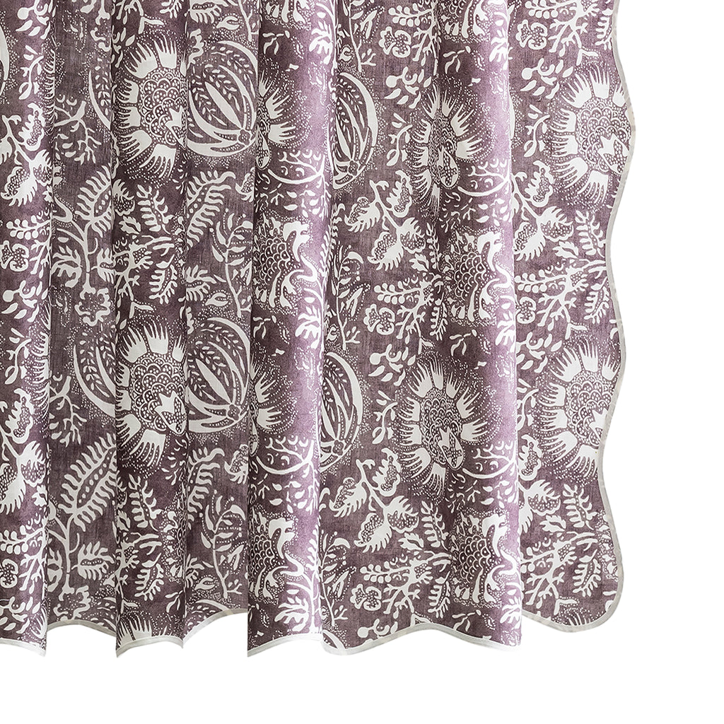 Elevate your bathroom with the luxurious Granada Linen Shower Curtain. Featuring Schumacher's intricate pomegranate design, printed on Matouk's high-quality linen, this curtain adds a touch of abundance and warmth with its rich, saturated deep purple thistle tones. Update your space with a statement of timeless style and sophistication.