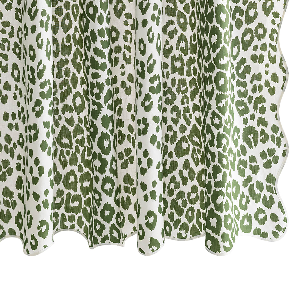 Sassy and chic. Schumacher's Iconic Leopard design is printed on Matouk's linen and finished with a scalloped and taped edge. Add a bit of flair to your bathroom with this sophisticated animal print shower curtain.&nbsp;