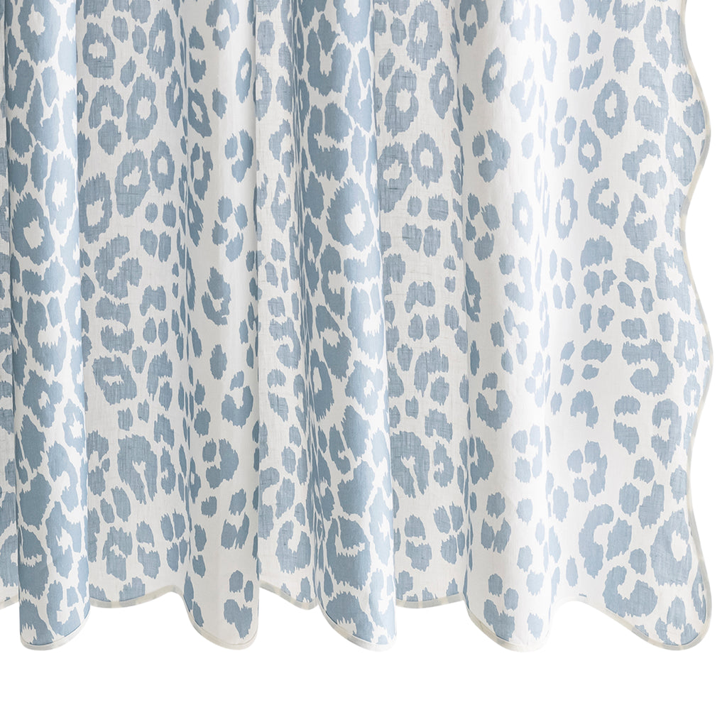 Sassy and chic. Schumacher's Iconic Leopard design is printed on Matouk's linen and finished with a scalloped and taped edge. Add a bit of flair to your bathroom with this sophisticated animal print shower curtain.&nbsp;