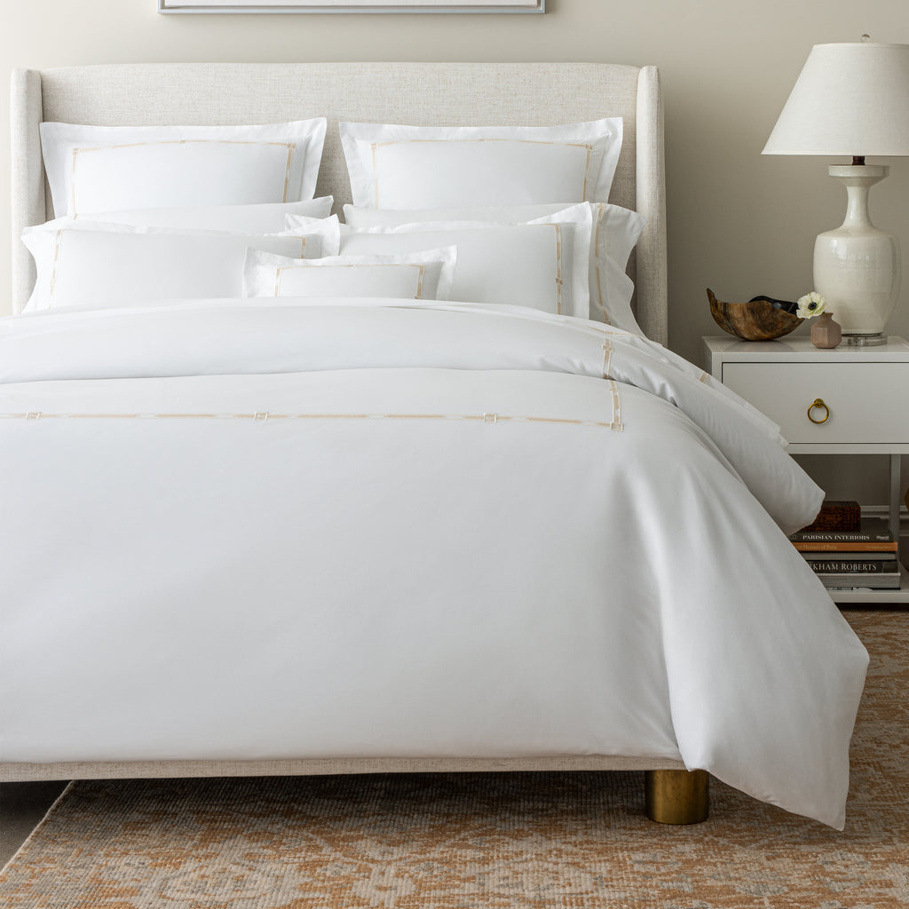 Scandia Home Lisetta Sheets, Duvet Covers + Shams White with champagne gold embroidery