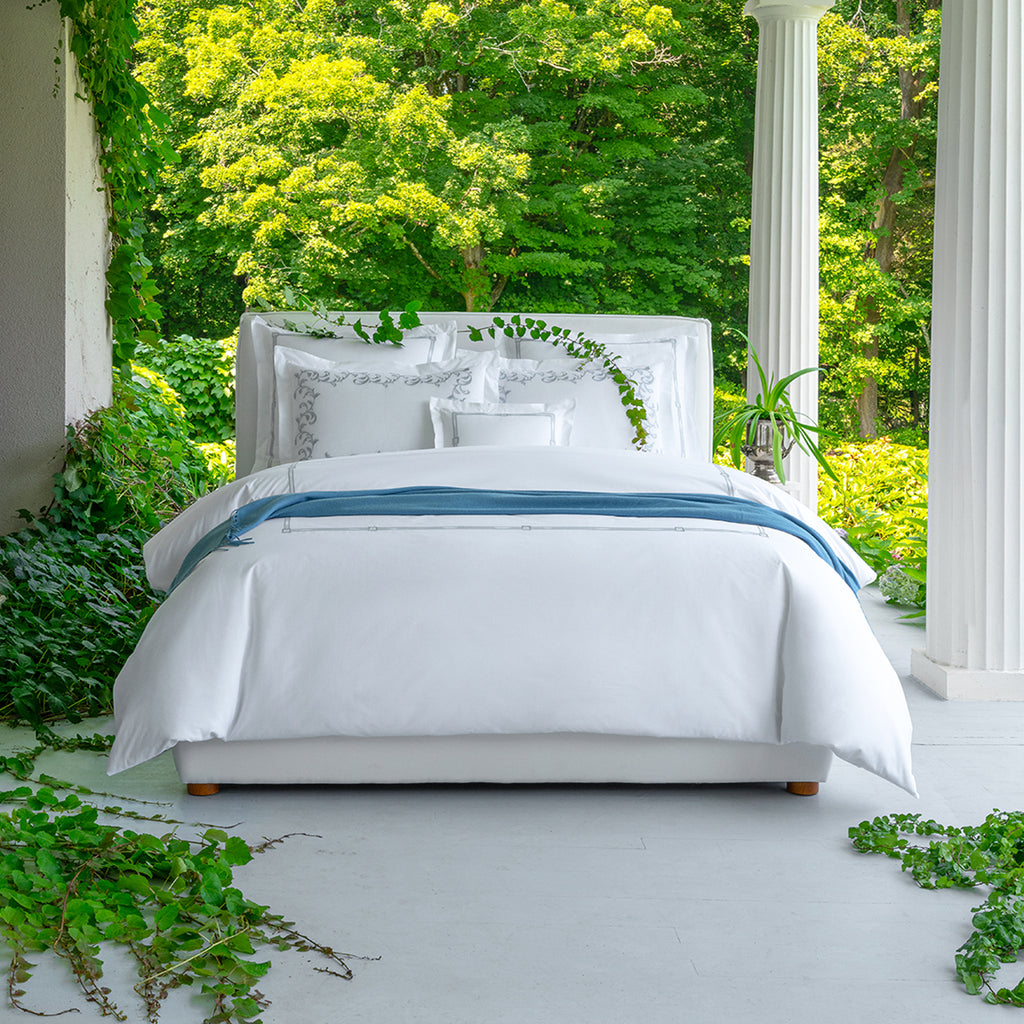 Scandia Home Lisetta Sheets, Duvet Covers + Shams White with Cloud blue embroidery