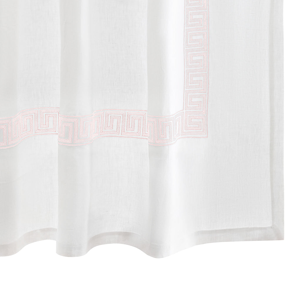 The Ophelia Shower Curtain by Matouk features a timeless Greek key pattern crafted from 100% linen. The embroidered Pale Pink lines and dots add a touch of elegance to any bathroom. Inspired by Schumacher's beaded tape, this curtain offers a classic look that is both refined and beautiful.