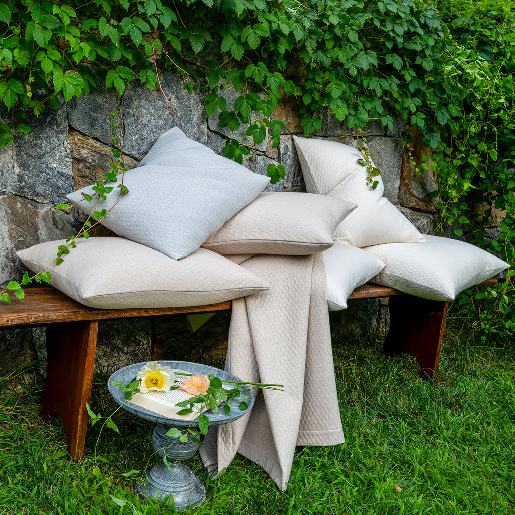 Scandia Home Ravello Cashmere Blend Coverlet + Shams in Pearl Ivory, Linen beige, and cove grey